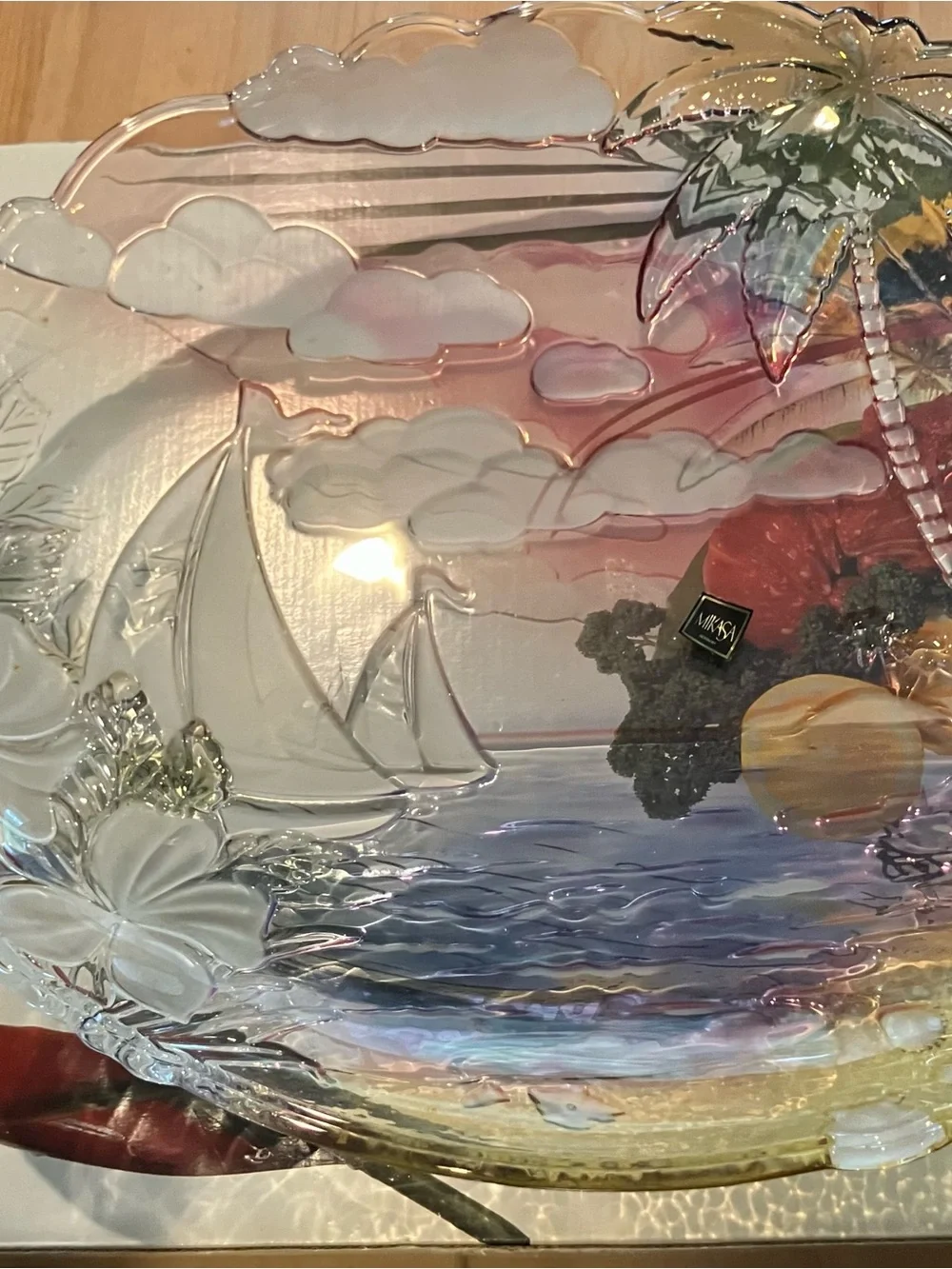 Never used Mikasa Vintage Sunset Bay Hostess Glass Sailboat Platter 18.5”
